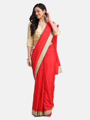 Red Jacquard Lace Georgette Saree With Blouse Piece. 3