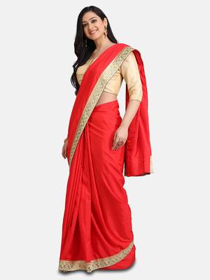 Red Jacquard Lace Georgette Saree With Blouse Piece. 4