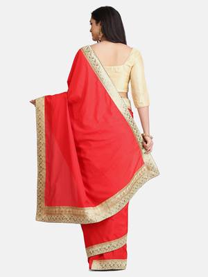 Red Jacquard Lace Georgette Saree With Blouse Piece. 5