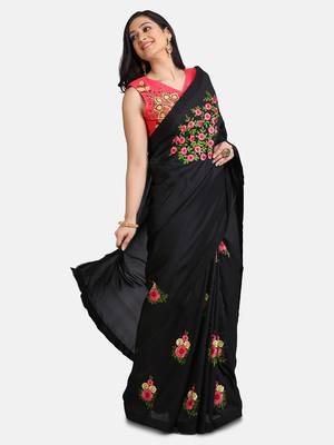 Black embroidered faux georgette saree with blouse 1