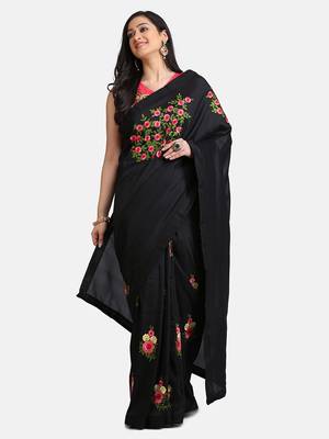 Black embroidered faux georgette saree with blouse 3