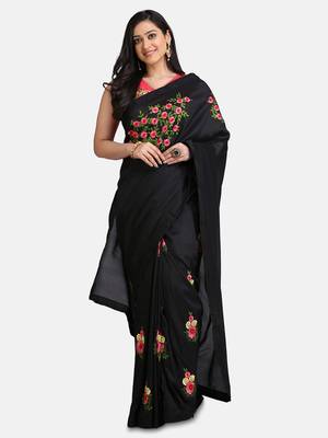 Black embroidered faux georgette saree with blouse 4