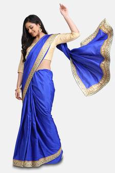 Royal Blue Jacquard Lace Grorgette Saree With Blouse