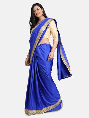 Royal Blue Jacquard Lace Grorgette Saree With Blouse 4