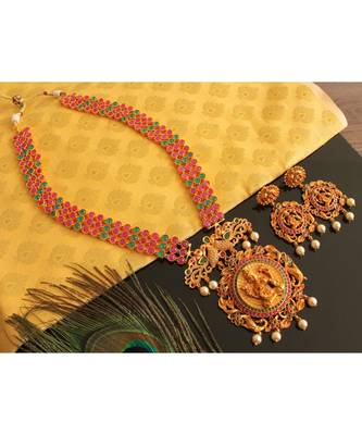 Beautiful Matte Finish Ruby Emerald Lakshmi Designer Short Haar Set Dj19970 1