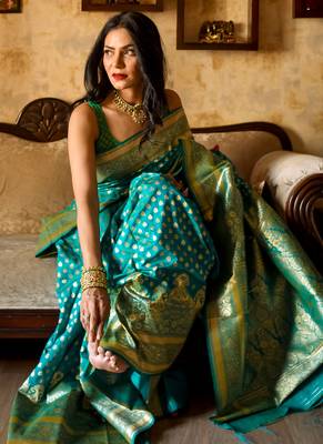 Teal Green Pure silk Traditional Saree 2