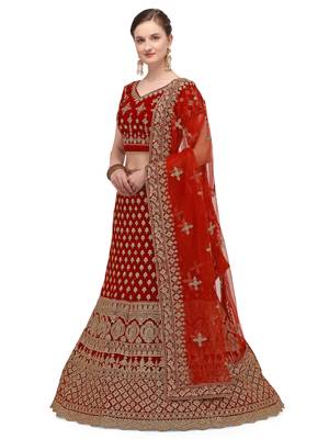 Maroon embroidered velvet semi stitched lehenga 1