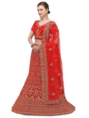 Red embroidered velvet semi stitched lehenga 1