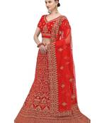 Red embroidered velvet semi stitched lehenga