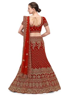 Maroon embroidered velvet semi stitched lehenga 2