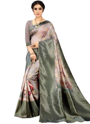 Grey brasso art silk saree with blouse 1