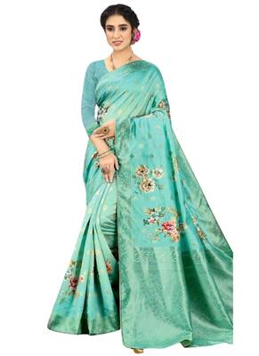Blue brasso art silk saree with blouse 1