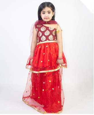 Ruviero red net motif print foil print choli with net lehenga 1
