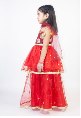 Ruviero red net motif print foil print choli with net lehenga 3