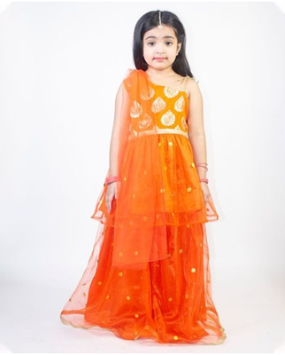 Ruviero orange net motif print foil print choli with net lehenga 1