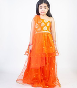 Ruviero orange net motif print foil print choli with net lehenga
