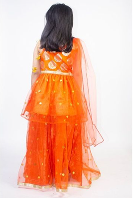 Ruviero orange net motif print foil print choli with net lehenga 2