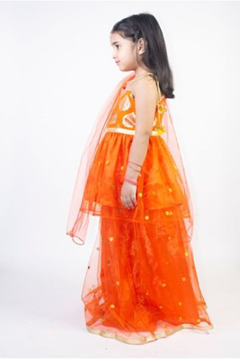Ruviero orange net motif print foil print choli with net lehenga 3