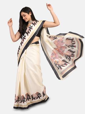 Beige Printed Art Silk Saree With Blouse 3