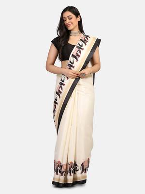 Beige Printed Art Silk Saree With Blouse 4
