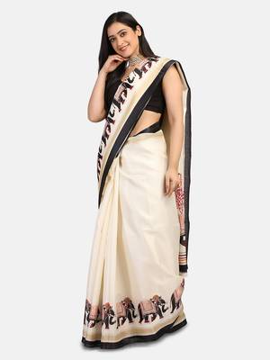 Beige Printed Art Silk Saree With Blouse 5