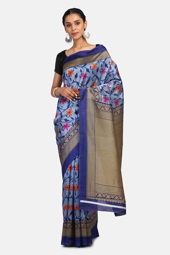 Blue Printed Art Silk Saree With Blouse