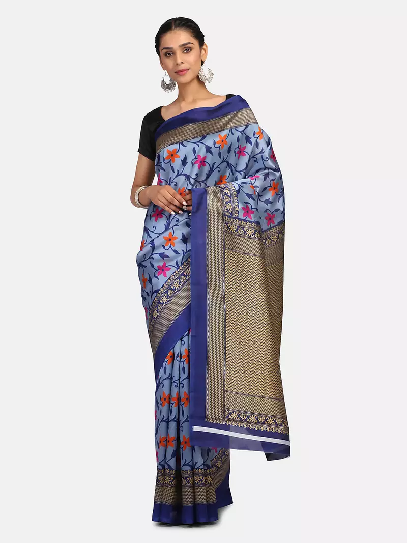 Blue Printed Art Silk Saree With Blouse