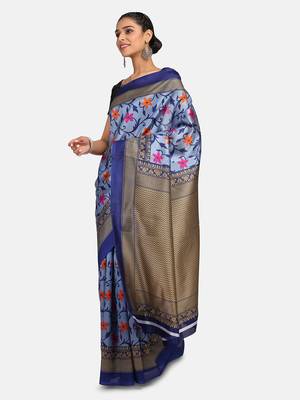 Blue Printed Art Silk Saree With Blouse 4