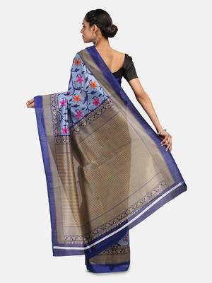 Blue Printed Art Silk Saree With Blouse 5