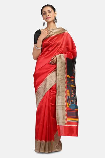 Red Printed Art Silk Saree With Blouse