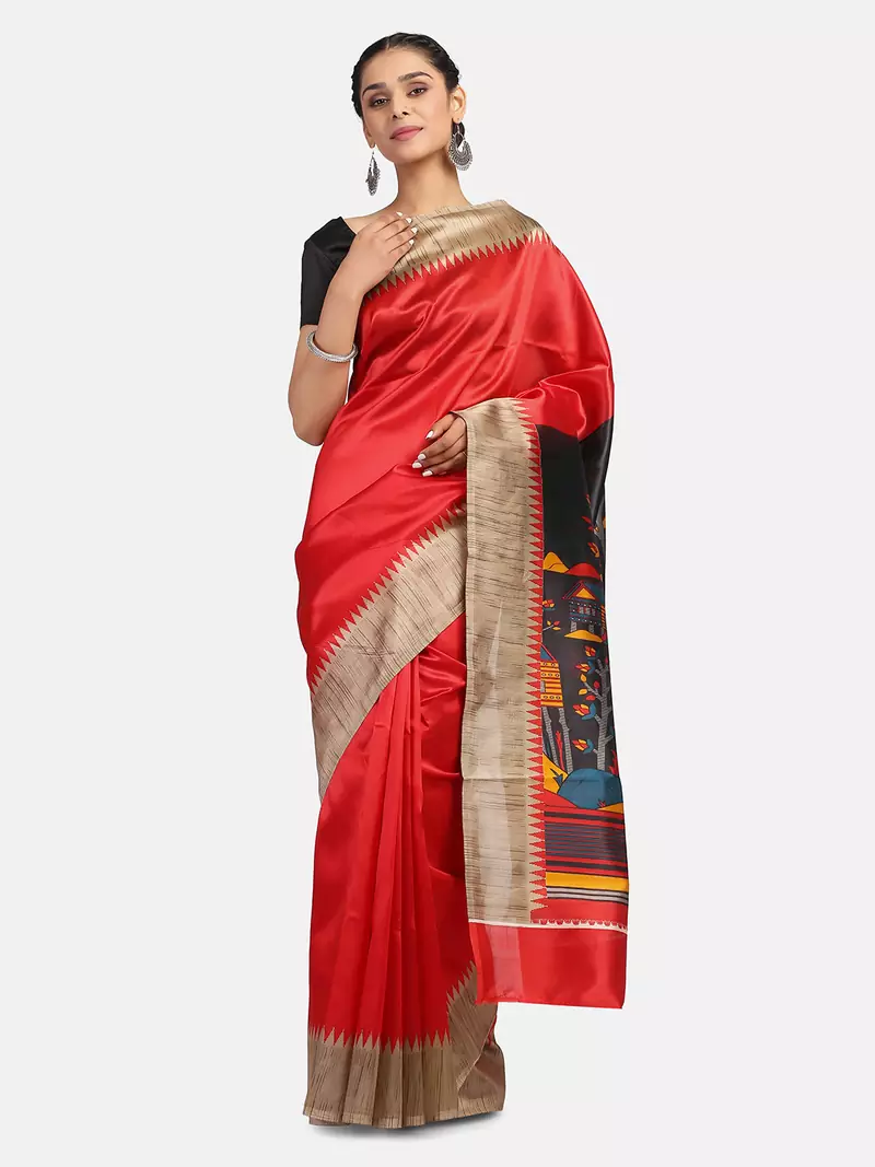 Red Printed Art Silk Saree With Blouse