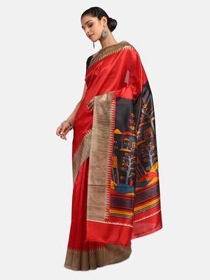 Red Printed Art Silk Saree With Blouse 4