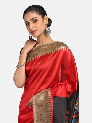 Red Printed Art Silk Saree With Blouse 5