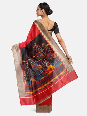 Red Printed Art Silk Saree With Blouse 6