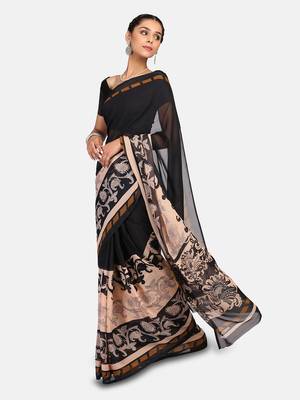 Black Printed Georgette Saree With Blouse 3