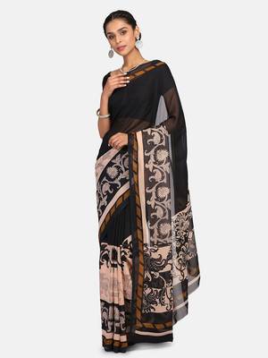 Black Printed Georgette Saree With Blouse 4
