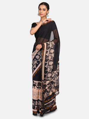 Black Printed Georgette Saree With Blouse 5