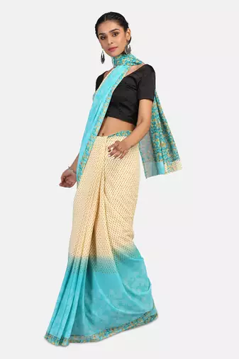 Cream Printed Georgette Saree With Blouse