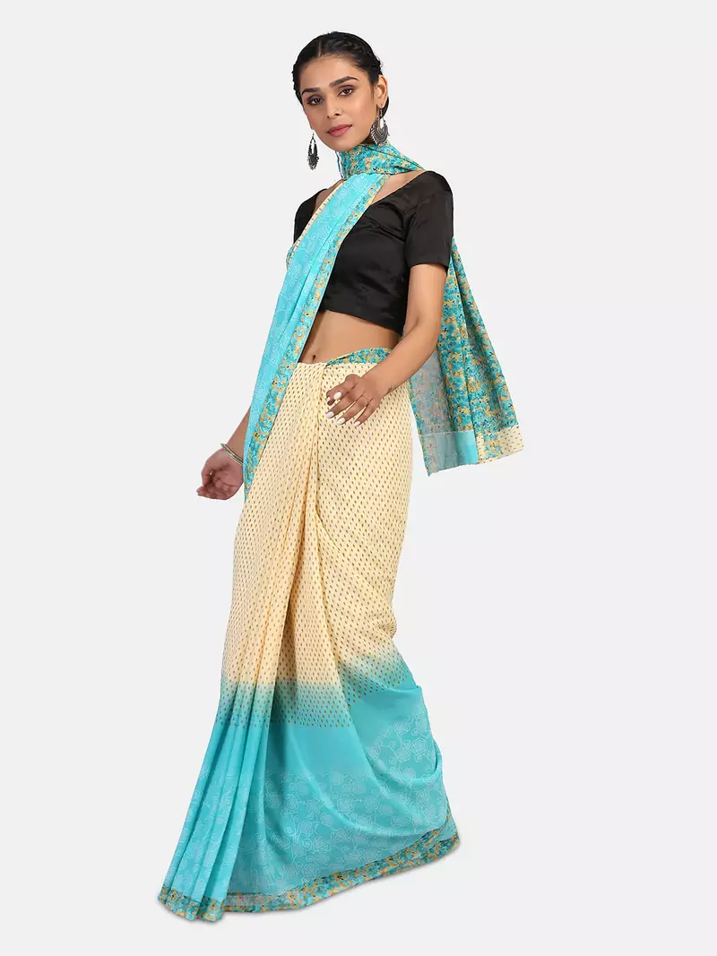 Cream Printed Georgette Saree With Blouse