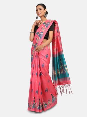 Pink Printed Art Silk Saree With Blouse 3