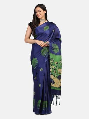 Blue Printed Art Silk Saree With Blouse 1