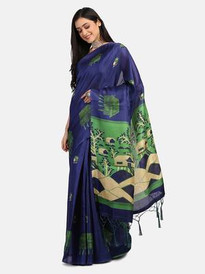 Blue Printed Art Silk Saree With Blouse 3