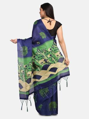 Blue Printed Art Silk Saree With Blouse 4