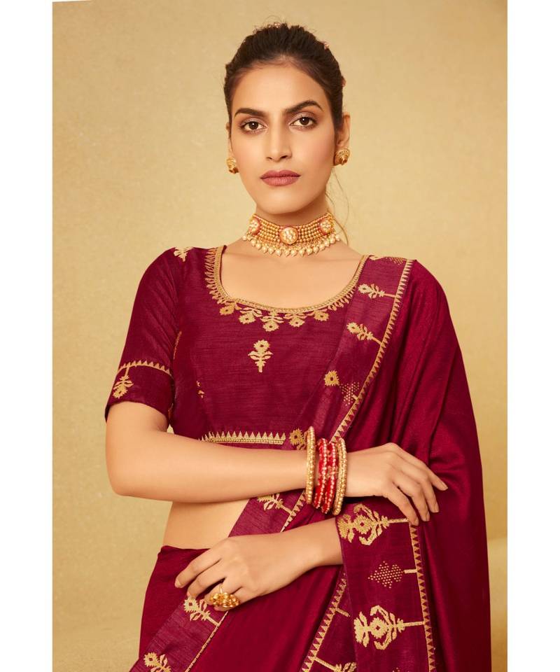 Women's Cotton Silk Burgundy Printed Designer Saree With Blouse Piece