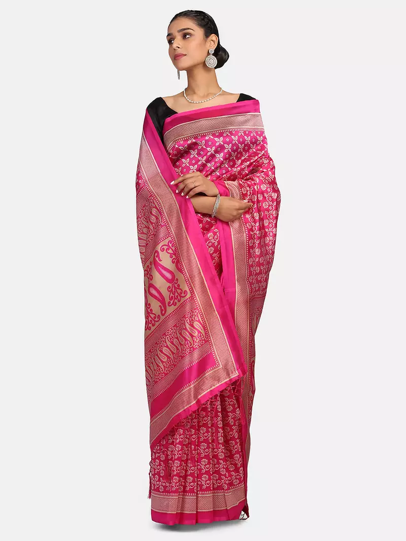 Pink Woven Art Silk Saree With Blouse