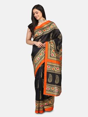 Black Printed Art Silk Saree With Blouse 3