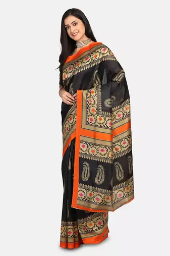 Black Printed Art Silk Saree With Blouse