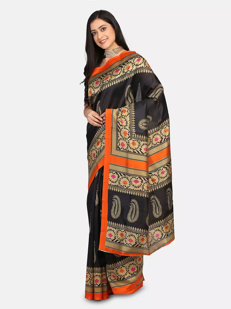 Black Printed Art Silk Saree With Blouse