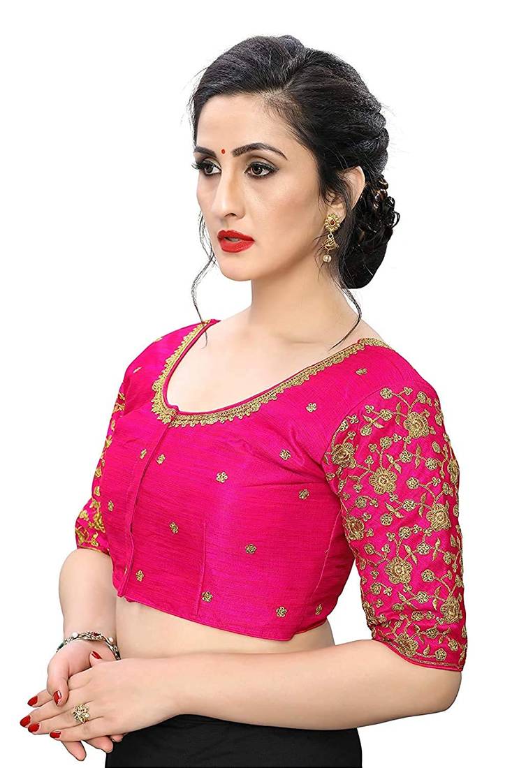 Pink Colour Rose Flower Embroidery and Sequins Work Design Phantom Silk Readymade Blouse Saree For Lehenga Choli
