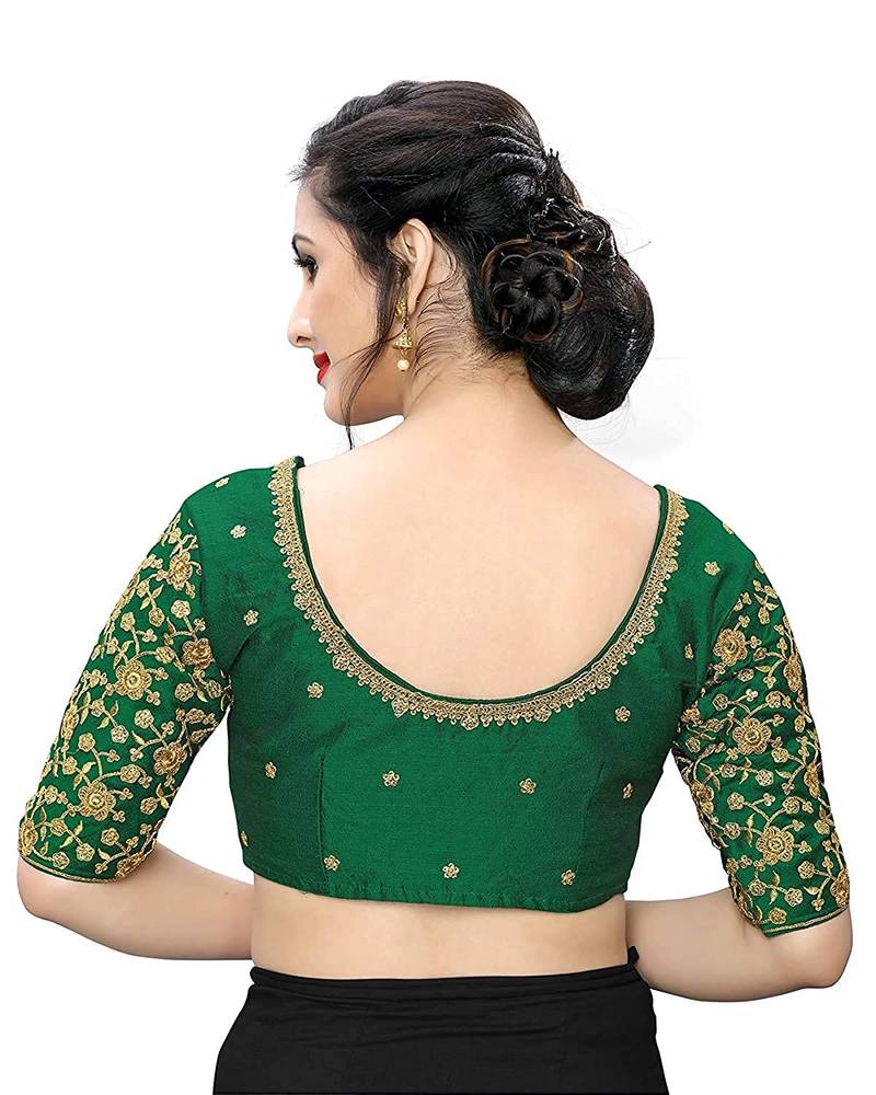 Dark-Green Colour Rose Flower Embroidery and Sequins Work Design Phantom Silk Readymade Blouse Saree For Lehenga Choli